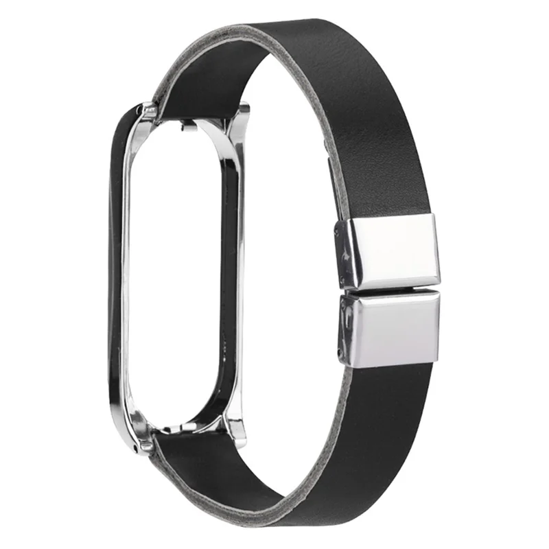 Para Xiaomi Mi Band 7 / Band 7 NFC Correa de Reloj de Cuero con Carcasa - Correa Negra / Marco Plateado