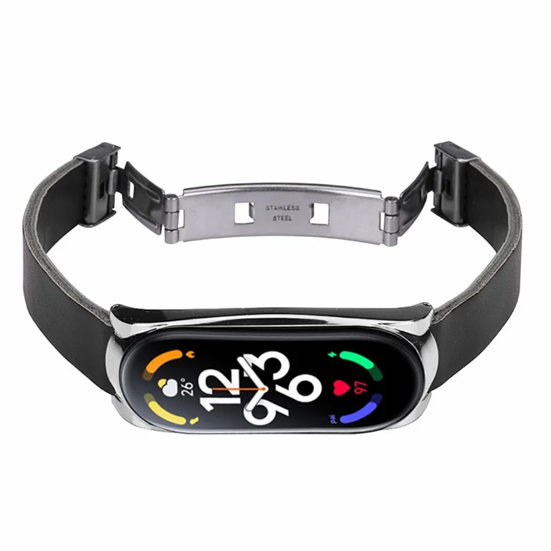 Para Xiaomi Mi Band 7 / Band 7 NFC Correa de Reloj de Cuero con Carcasa - Correa Negra / Marco Plateado