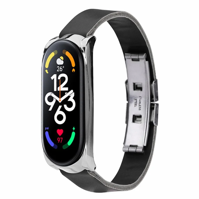 Para Xiaomi Mi Band 7 / Band 7 NFC Correa de Reloj de Cuero con Carcasa - Correa Negra / Marco Plateado