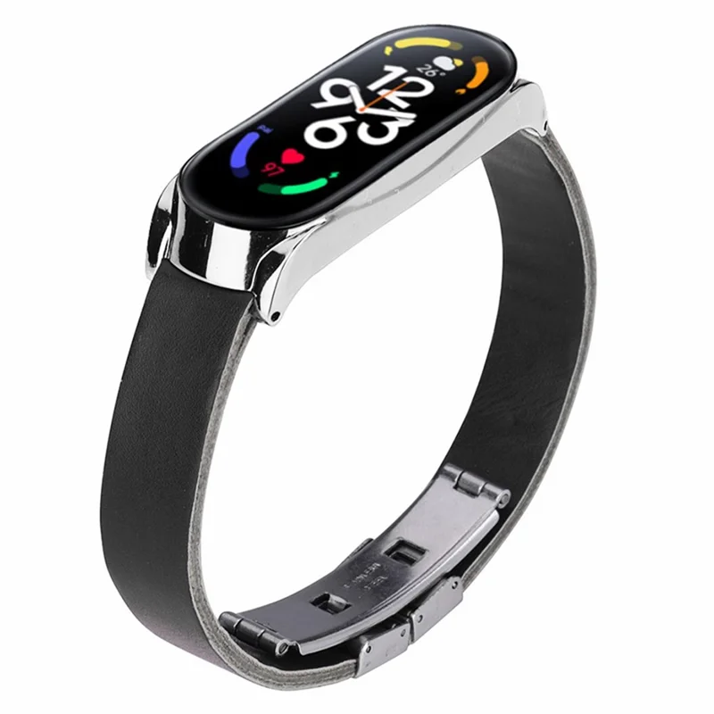 Para Xiaomi Mi Band 7 / Band 7 NFC Correa de Reloj de Cuero con Carcasa - Correa Negra / Marco Plateado