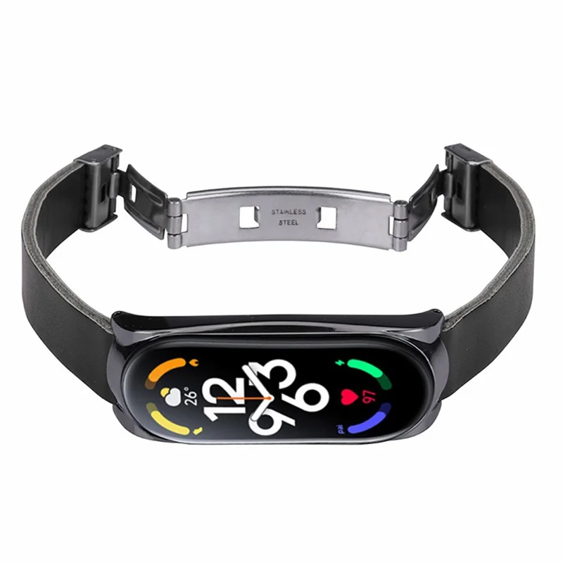 For Xiaomi Mi Band 7 / Band 7 NFC Leather Watch Strap with Watch Case - Black Strap / Black Frame