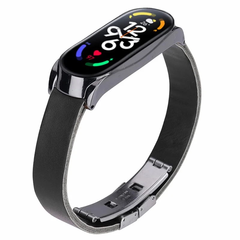 For Xiaomi Mi Band 7 / Band 7 NFC Leather Watch Strap with Watch Case - Black Strap / Black Frame