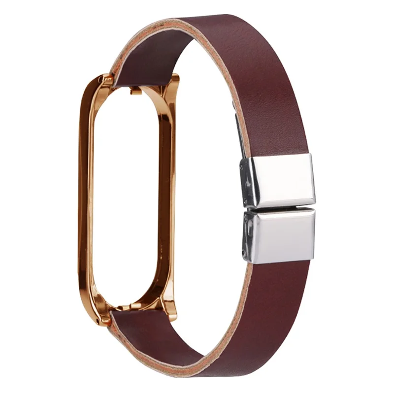 For Xiaomi Mi Band 7 / Band 7 NFC Leather Watch Strap with Watch Case - Dark Brown Strap / Rose Gold Frame
