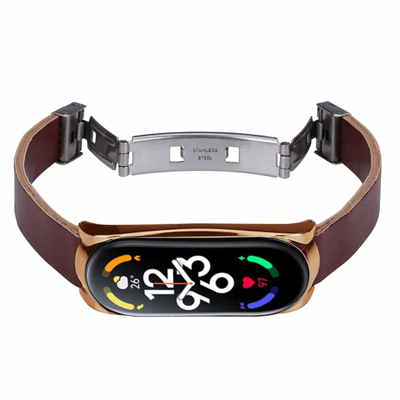 For Xiaomi Mi Band 7 / Band 7 NFC Leather Watch Strap with Watch Case - Dark Brown Strap / Rose Gold Frame