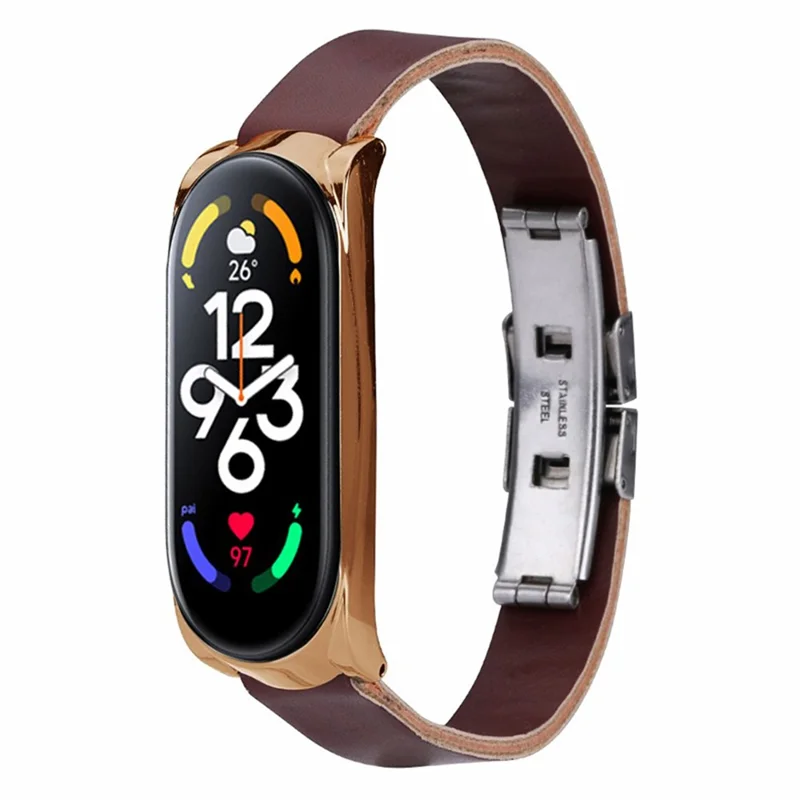 For Xiaomi Mi Band 7 / Band 7 NFC Leather Watch Strap with Watch Case - Dark Brown Strap / Rose Gold Frame