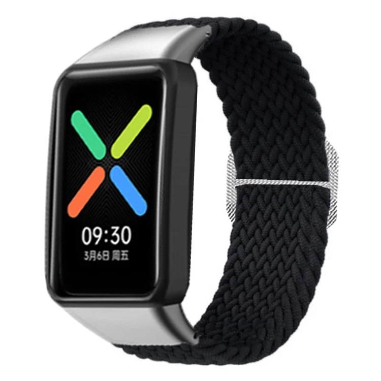 Para Oppo Watch Free Replacement Strap Trançado Elástico Tecido Banda de Relógio com Conector de Prata - Preto
