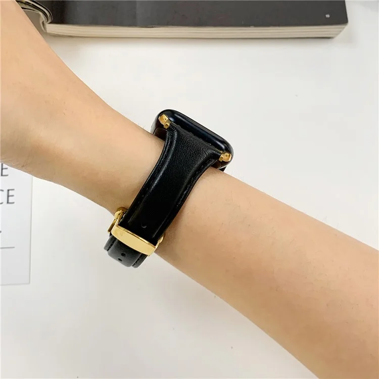 For Apple Watch 10 46mm / Ultra 2 / Ultra 49mm / 9 8 7 45mm / SE (2023) SE (2022) SE 6 5 4 44mm / 3 2 1 42mm Cow Leather Watchband Replacement Strap - Black / Gold