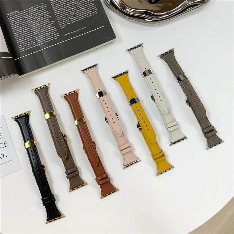 For Apple Watch 10 46mm / Ultra 2 / Ultra 49mm / 9 8 7 45mm / SE (2023) SE (2022) SE 6 5 4 44mm / 3 2 1 42mm Cow Leather Watchband Replacement Strap - Black / Gold