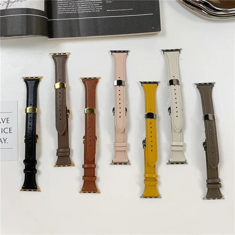 For Apple Watch 10 46mm / Ultra 2 / Ultra 49mm / 9 8 7 45mm / SE (2023) SE (2022) SE 6 5 4 44mm / 3 2 1 42mm Cow Leather Watchband Replacement Strap - Black / Gold