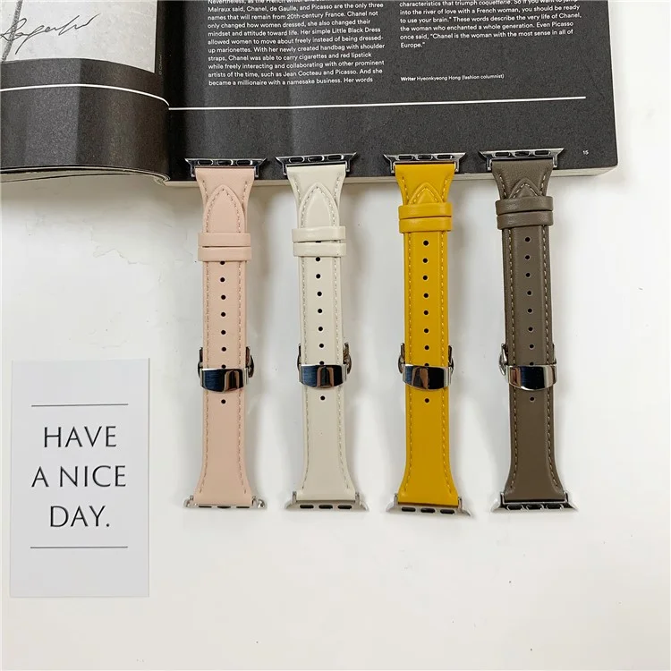 For Apple Watch 10 46mm / Ultra 2 / Ultra 49mm / 9 8 7 45mm / SE (2023) SE (2022) SE 6 5 4 44mm / 3 2 1 42mm Cow Leather Watchband Replacement Strap - Black / Gold