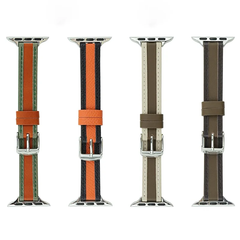 Watch Band for Apple Watch Series 10 42mm / 9 8 7 41mm / SE (2023) SE (2022) SE 6 5 4 40mm / 3 2 1 38mm Slim Leather Wrist Strap - Orange+Black