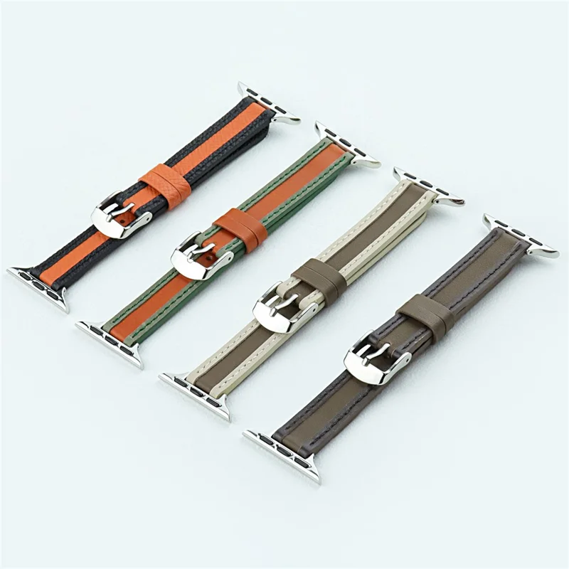 Watch Band for Apple Watch Series 10 42mm / 9 8 7 41mm / SE (2023) SE (2022) SE 6 5 4 40mm / 3 2 1 38mm Slim Leather Wrist Strap - Orange+Black