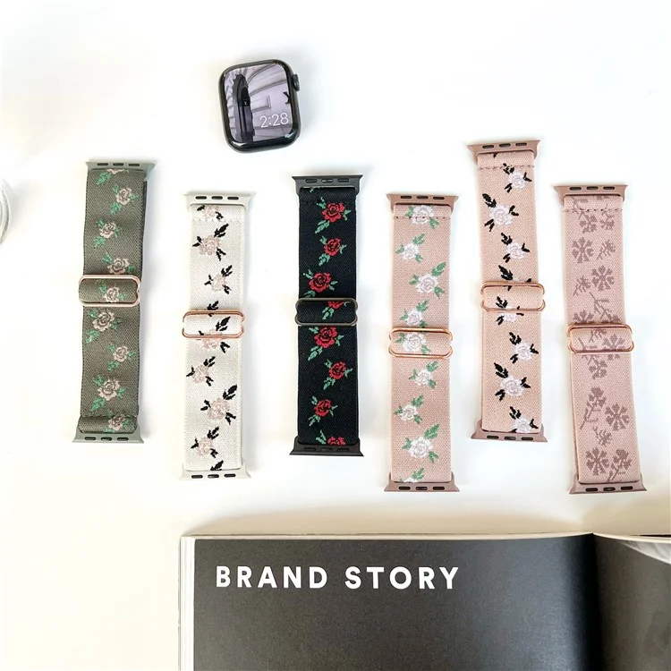 Watch Band für Apple Watch Series 10 42mm / 9 8 7 41mm / SE (2023) SE (2022) SE 6 5 4 40mm / 3 2 1 38mm Nylon-Uhrenarmband - Schwarzer Blattrose