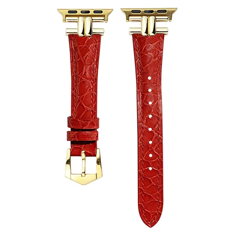 AW For Apple Watch 10 46mm / Ultra 2 / Ultra 49mm / 9 8 7 45mm / SE (2023) SE (2022) SE 6 5 4 44mm / 3 2 1 42mm Band Leather Strap - Red+Gold Buckle