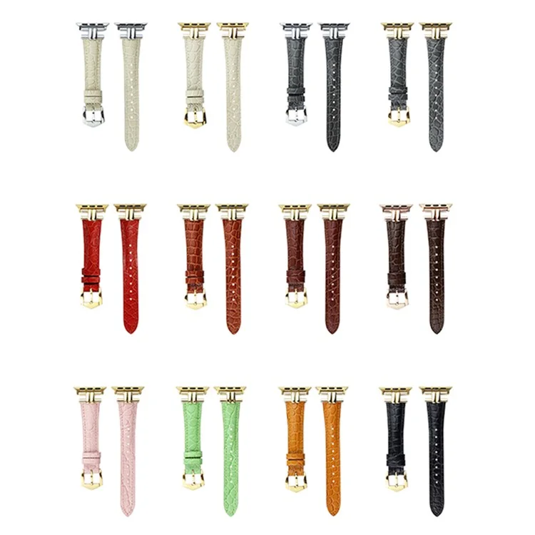 AW For Apple Watch 10 46mm / Ultra 2 / Ultra 49mm / 9 8 7 45mm / SE (2023) SE (2022) SE 6 5 4 44mm / 3 2 1 42mm Band Leather Strap - Red+Gold Buckle