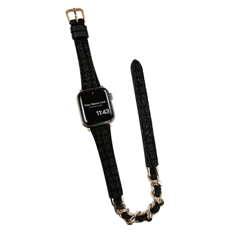 Watch Band for Apple Watch Series 10 42mm / 9 8 7 41mm / SE (2023) SE (2022) SE 6 5 4 40mm / 3 2 1 38mm Smart Watchband Dual Layer Strap - Black+Gold Chain
