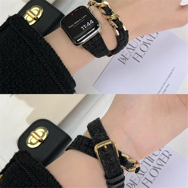 Watch Band for Apple Watch Series 10 42mm / 9 8 7 41mm / SE (2023) SE (2022) SE 6 5 4 40mm / 3 2 1 38mm Smart Watchband Dual Layer Strap - Black+Gold Chain