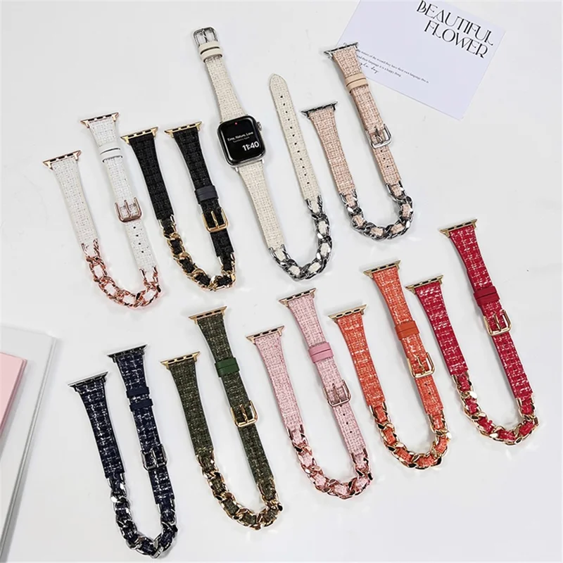 Watch Band for Apple Watch Series 10 42mm / 9 8 7 41mm / SE (2023) SE (2022) SE 6 5 4 40mm / 3 2 1 38mm Smart Watchband Dual Layer Strap - Black+Gold Chain