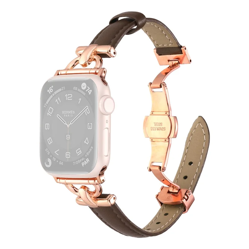 For Apple Watch Ultra 3 2 1 49mm / Series 11 10 46mm / 9 8 7 45mm / SE3 SE2 SE 6 5 4 44mm / 3 2 1 42mm Leather Watch Band - Dark Tan / Rose Gold Buckle