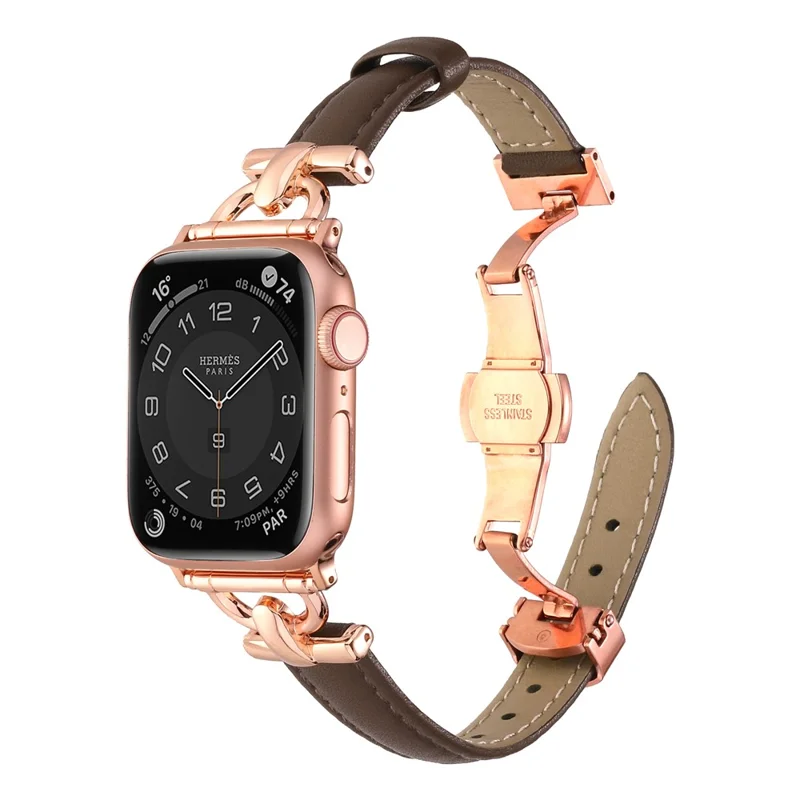 For Apple Watch Ultra 3 2 1 49mm / Series 11 10 46mm / 9 8 7 45mm / SE3 SE2 SE 6 5 4 44mm / 3 2 1 42mm Leather Watch Band - Dark Tan / Rose Gold Buckle