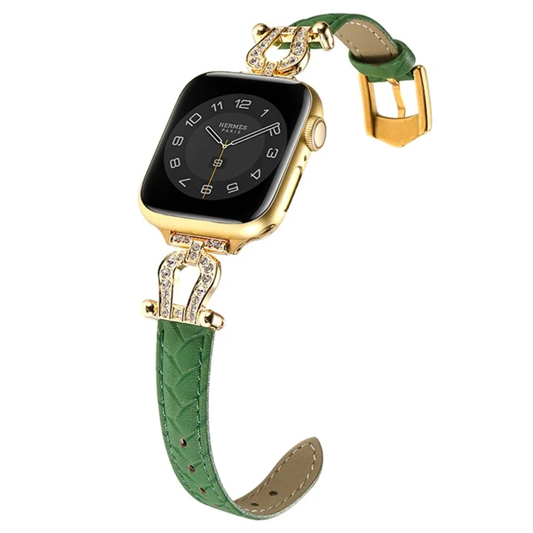 Für Apple Watch 10 46mm / Ultra 2 / Ultra 49mm / 9 8 7 45mm / SE (2023) SE (2022) SE 6 5 4 44mm / 3 2 1 42mm Rindslederband - Grün / Goldschnalle