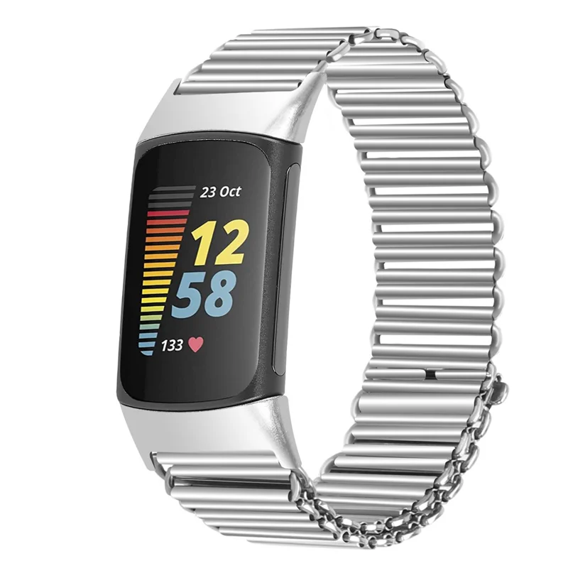 Para Fitbit Charge 6 / 5 Fácil Ajuste de Pulseira de Aço Inoxidável de Reposição - Prata