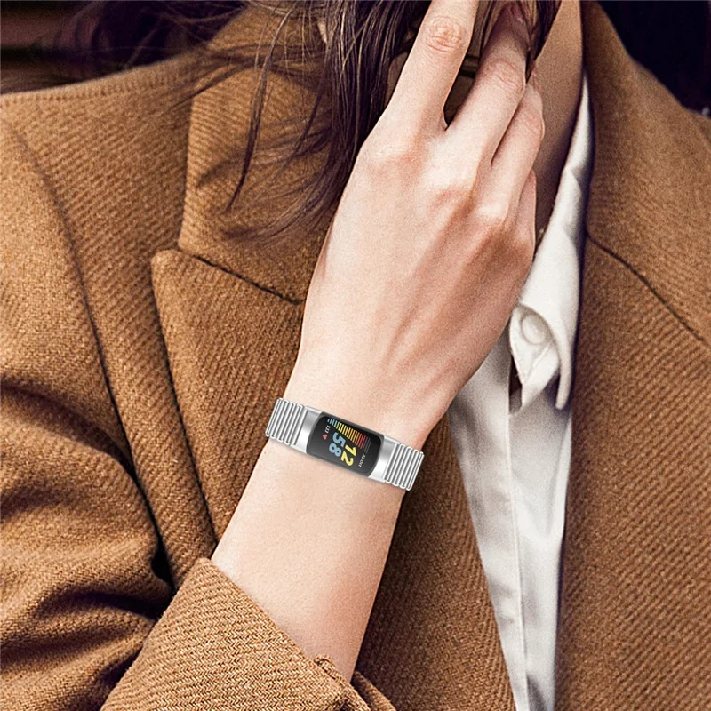 Para Fitbit Charge 6 / 5 Fácil Ajuste de Pulseira de Aço Inoxidável de Reposição - Prata
