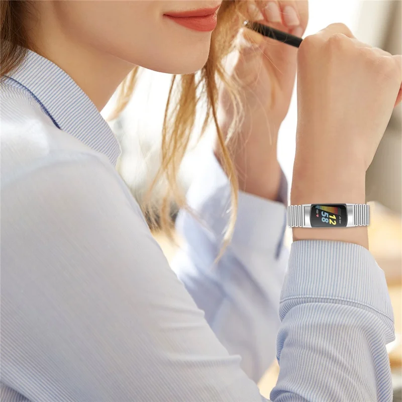 Para Fitbit Charge 6 / 5 Fácil Ajuste de Pulseira de Aço Inoxidável de Reposição - Prata