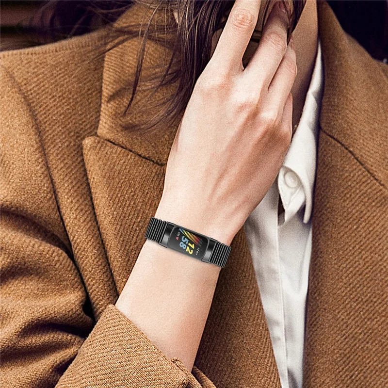 Para Fitbit Charge 5 / 6 Pulseira de Relógio de Aço Inoxidável Electrochapeada Pulseira de Pulso - Preto