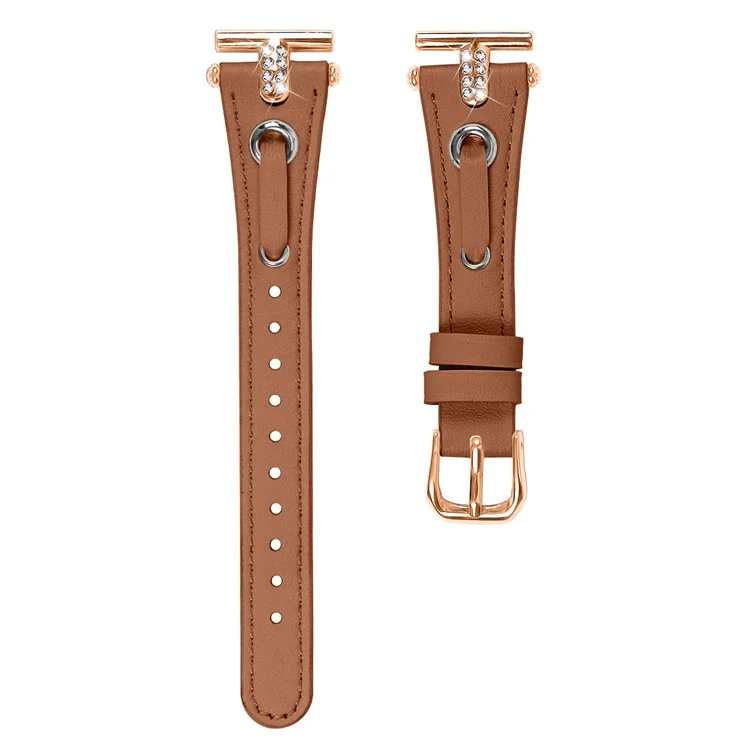 For Motorola Moto 360 42mm (2nd gen) Genuine Cow Leather Watchband Rhinestone Decor Rose Gold Buckle Watch Strap - Brown