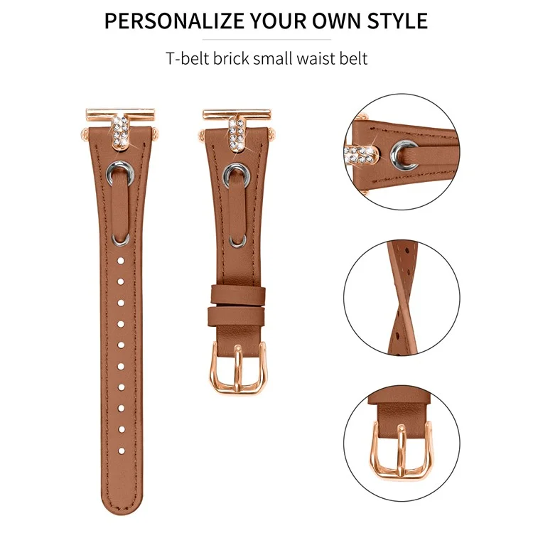 For Motorola Moto 360 42mm (2nd gen) Genuine Cow Leather Watchband Rhinestone Decor Rose Gold Buckle Watch Strap - Brown