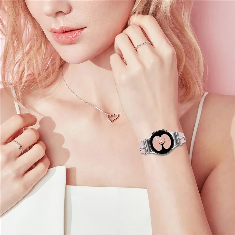 Para Samsung Galaxy Watch FE 40mm / Watch4 / Watch4 Classic Watch 5 / 5 Pro Banda de Reloj de Cuero Genuino de Vaca con Conector de Plata - Rosa