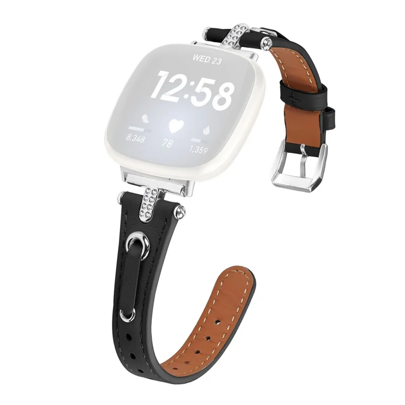 Para Fitbit Versa 4 / Sense 2 Genuine Cow Leather Strap Rhinestone Watch Wrist Band (Silver Buckle) - Black