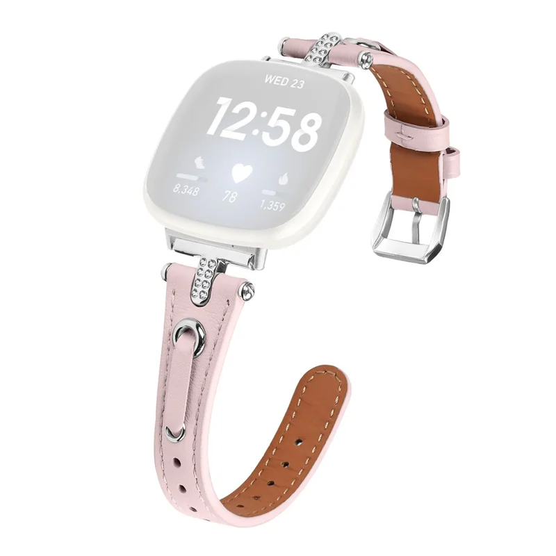 Para Fitbit Versa 4 / Sense 2 Genuine Cow Leather Strap Rhinestone Watch Wrist Band (Silver Buckle) - Pink