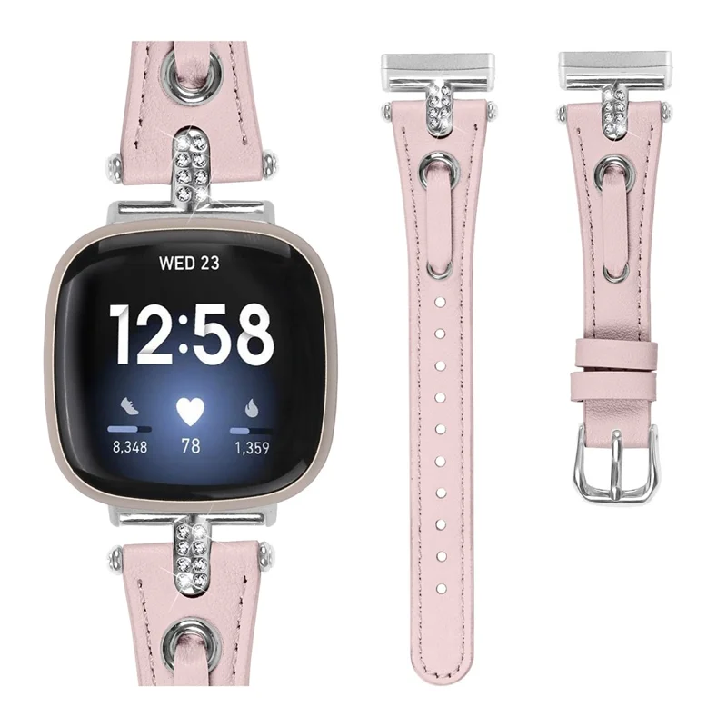Para Fitbit Versa 4 / Sense 2 Genuine Cow Leather Strap Rhinestone Watch Wrist Band (Silver Buckle) - Pink