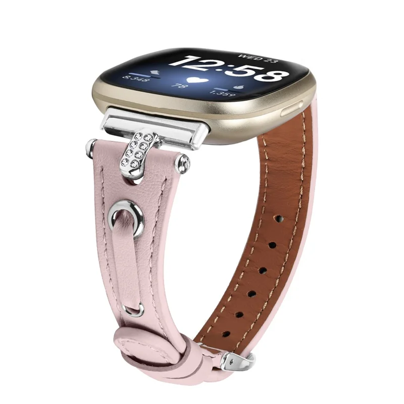 Para Fitbit Versa 4 / Sense 2 Genuine Cow Leather Strap Rhinestone Watch Wrist Band (Silver Buckle) - Pink