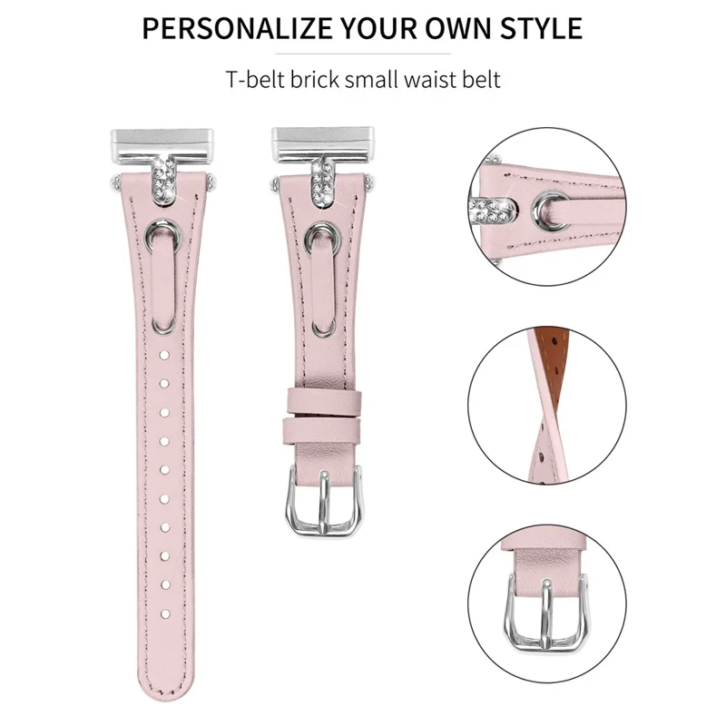 Para Fitbit Versa 4 / Sense 2 Genuine Cow Leather Strap Rhinestone Watch Wrist Band (Silver Buckle) - Pink