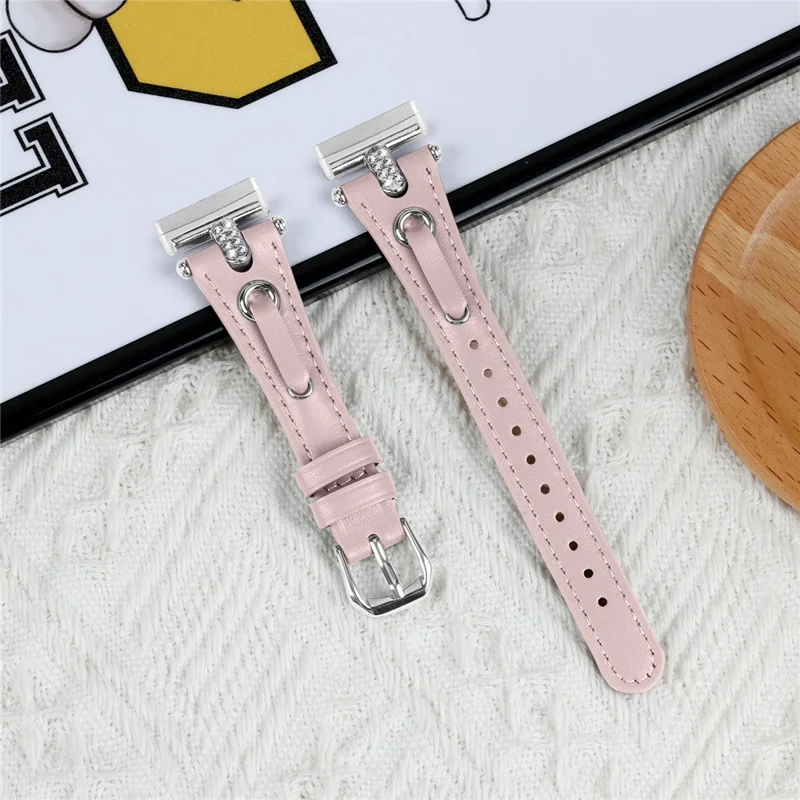 Para Fitbit Versa 4 / Sense 2 Genuine Cow Leather Strap Rhinestone Watch Wrist Band (Silver Buckle) - Pink
