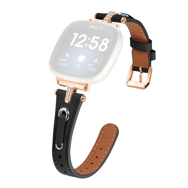Per Fitbit Versa 4 / Sense 2 Watch Wrist Band Genuine Cow Leather Strap (Rose Gold Buckle) - Nero