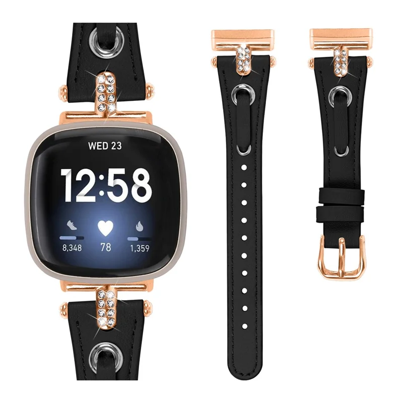 Per Fitbit Versa 4 / Sense 2 Watch Wrist Band Genuine Cow Leather Strap (Rose Gold Buckle) - Nero