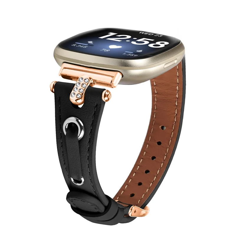 Per Fitbit Versa 4 / Sense 2 Watch Wrist Band Genuine Cow Leather Strap (Rose Gold Buckle) - Nero