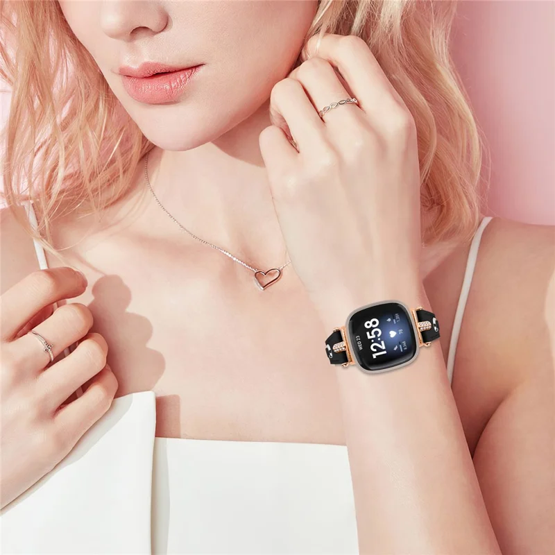 Per Fitbit Versa 4 / Sense 2 Watch Wrist Band Genuine Cow Leather Strap (Rose Gold Buckle) - Nero