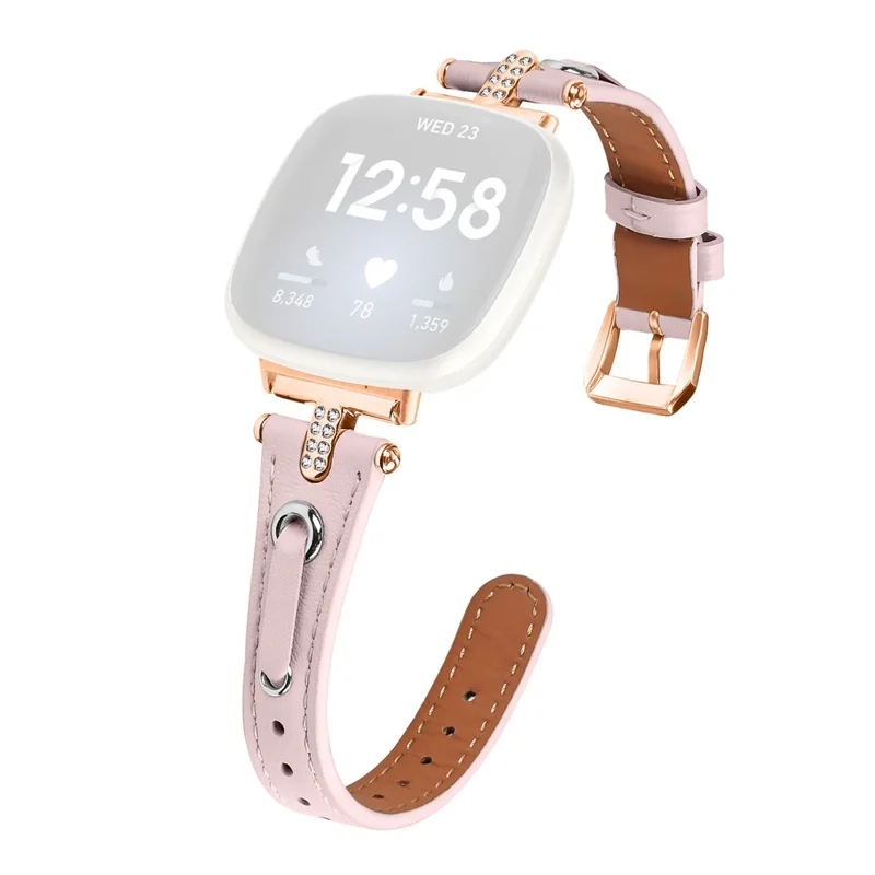 Para Fitbit Versa 4 / Sense 2 Watch Wrist Band Genuine Cow Leather Strap (Rose Gold Buckle) - Pink