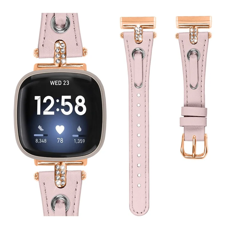 Para Fitbit Versa 4 / Sense 2 Watch Wrist Band Genuine Cow Leather Strap (Rose Gold Buckle) - Pink
