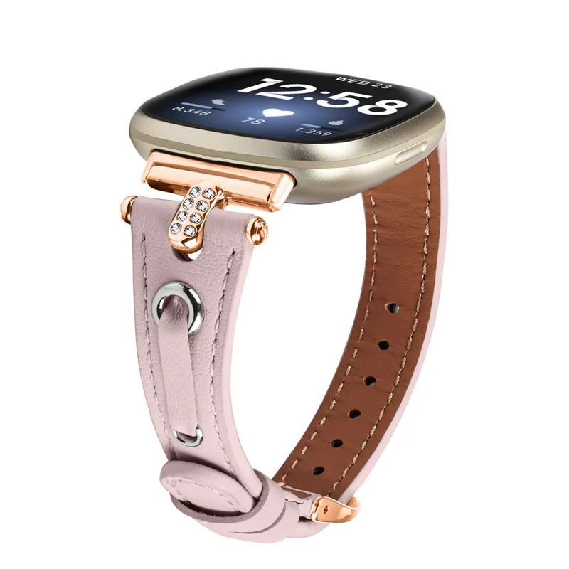 Para Fitbit Versa 4 / Sense 2 Watch Wrist Band Genuine Cow Leather Strap (Rose Gold Buckle) - Pink