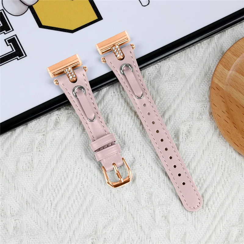 Para Fitbit Versa 4 / Sense 2 Watch Wrist Band Genuine Cow Leather Strap (Rose Gold Buckle) - Pink