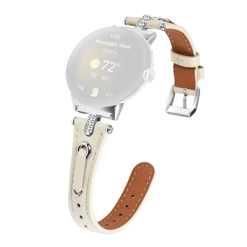 For Google Pixel Watch 3 41mm / Watch 2 / Pixel Watch Genuine Cow Leather Watch Strap Rhinestone Decor Watch Band with Silver Buckle - Apricot