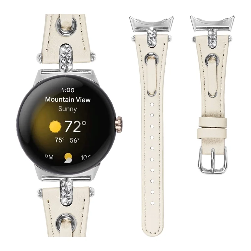 For Google Pixel Watch 3 41mm / Watch 2 / Pixel Watch Genuine Cow Leather Watch Strap Rhinestone Decor Watch Band with Silver Buckle - Apricot
