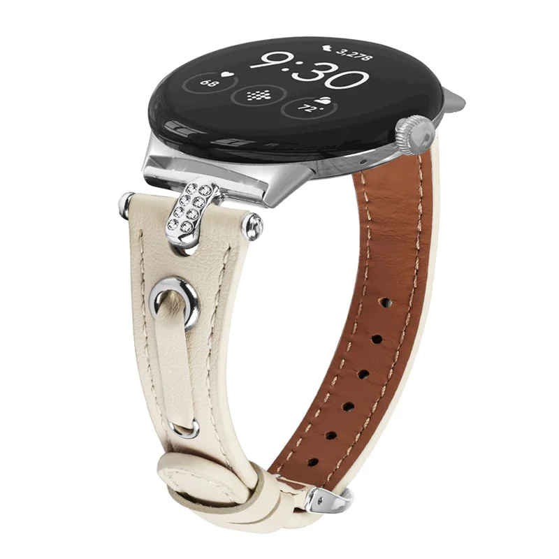 For Google Pixel Watch 3 41mm / Watch 2 / Pixel Watch Genuine Cow Leather Watch Strap Rhinestone Decor Watch Band with Silver Buckle - Apricot