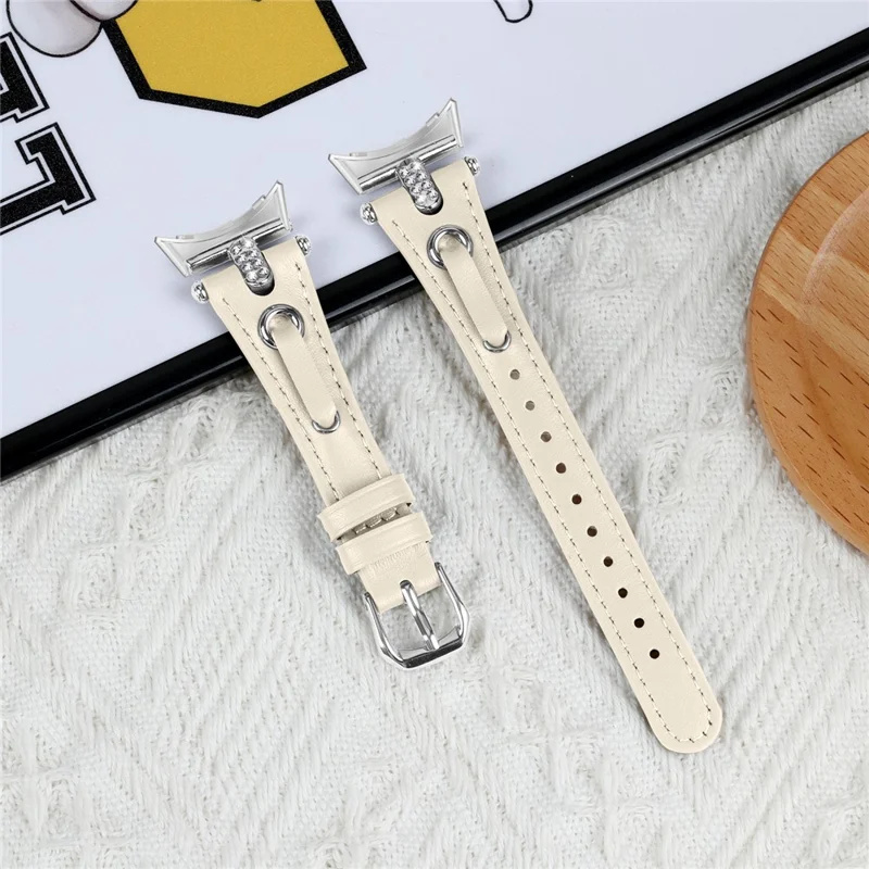 For Google Pixel Watch 3 41mm / Watch 2 / Pixel Watch Genuine Cow Leather Watch Strap Rhinestone Decor Watch Band with Silver Buckle - Apricot